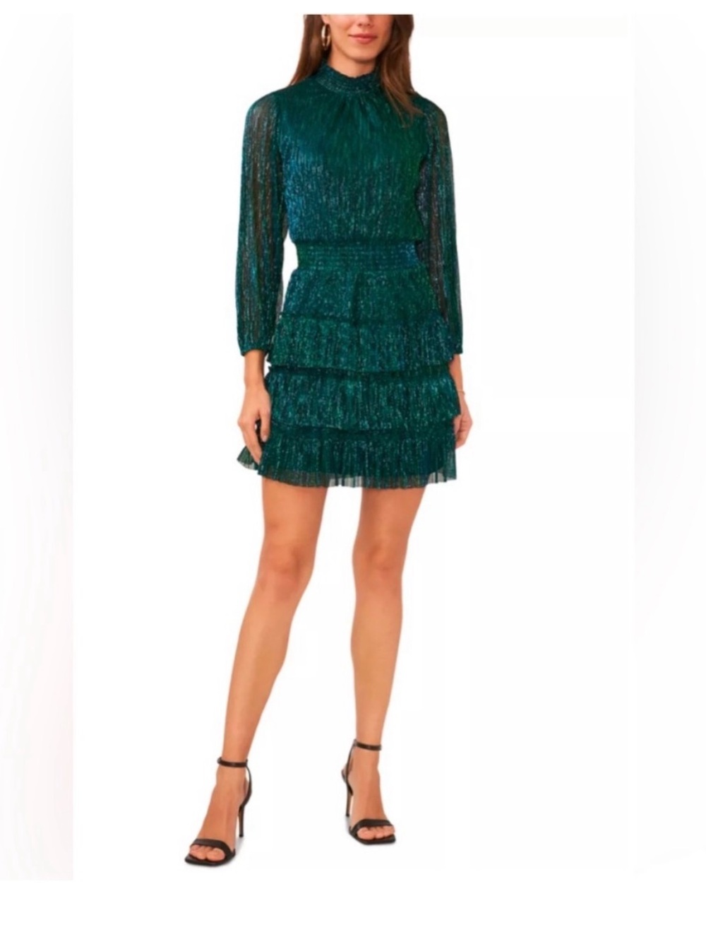 Msk Emerald Green Tiered Long-Sleeve Mini Dress
